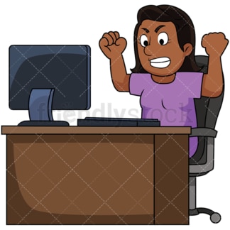 Black woman angry at computer. PNG - JPG and vector EPS file formats (infinitely scalable). Image isolated on transparent background.