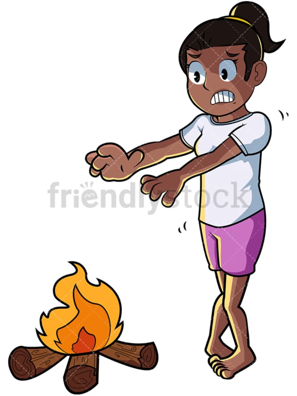 Black woman keeping warm by fire. PNG - JPG and vector EPS file formats (infinitely scalable). Image isolated on transparent background.