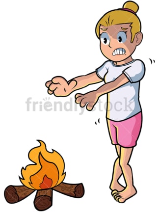 Cold woman warming hands over fire. PNG - JPG and vector EPS file formats (infinitely scalable). Image isolated on transparent background.