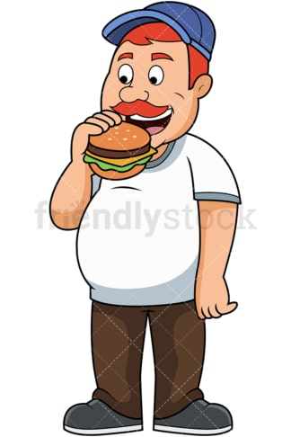 Overweight man eating burger. PNG - JPG and vector EPS file formats (infinitely scalable). Image isolated on transparent background.