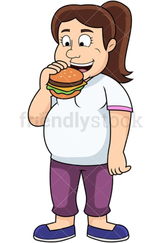 Overweight woman eating burger. PNG - JPG and vector EPS file formats (infinitely scalable). Image isolated on transparent background.