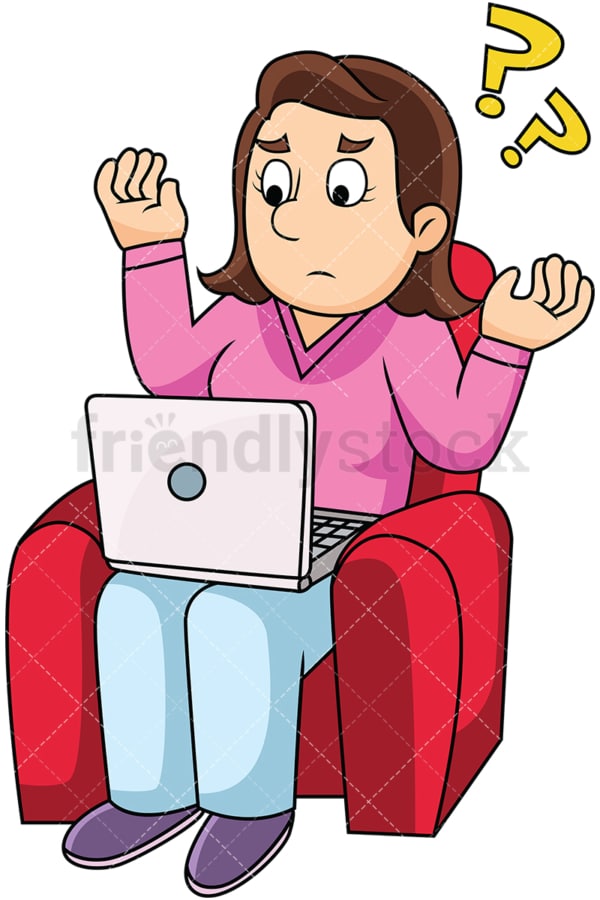 Woman confused with computer. PNG - JPG and vector EPS file formats (infinitely scalable). Image isolated on transparent background.