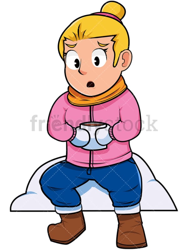 Woman drinking hot coffee in the snow. PNG - JPG and vector EPS file formats (infinitely scalable). Image isolated on transparent background.