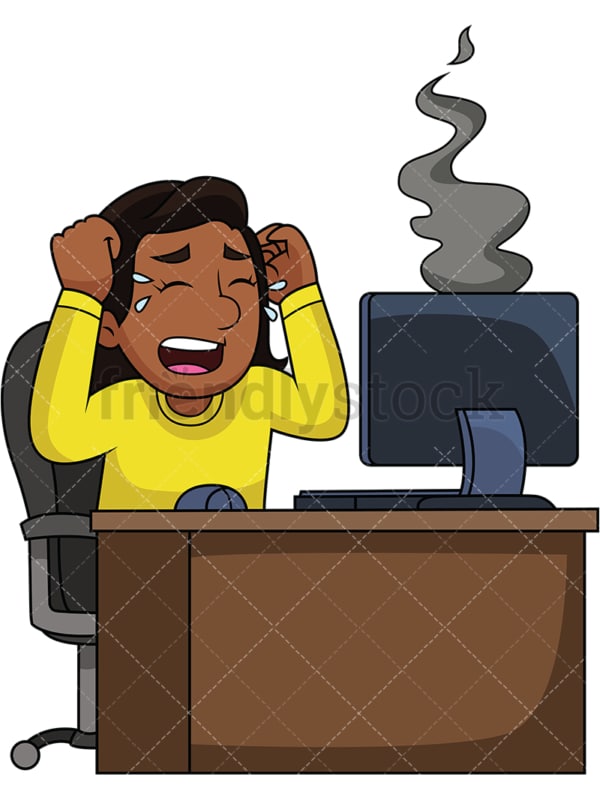 Black woman with computer in flames. PNG - JPG and vector EPS file formats (infinitely scalable). Image isolated on transparent background.