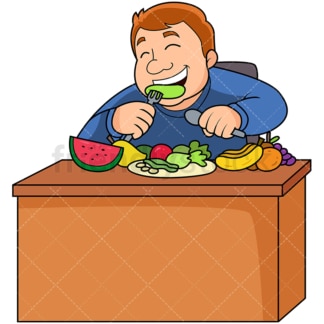 Overweight man eating healthy fruits veggies. PNG - JPG and vector EPS file formats (infinitely scalable). Image isolated on transparent background.