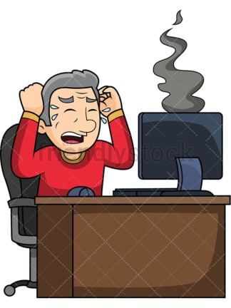 Old man with dead computer. PNG - JPG and vector EPS file formats (infinitely scalable). Image isolated on transparent background.