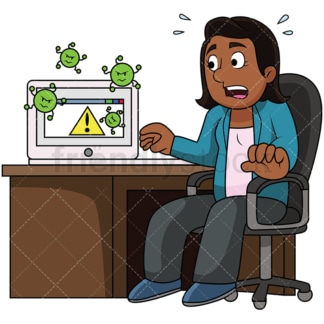 Black woman with infected computer. PNG - JPG and vector EPS file formats (infinitely scalable). Image isolated on transparent background.