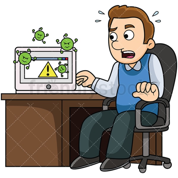 Man with virus infected computer. PNG - JPG and vector EPS file formats (infinitely scalable). Image isolated on transparent background.