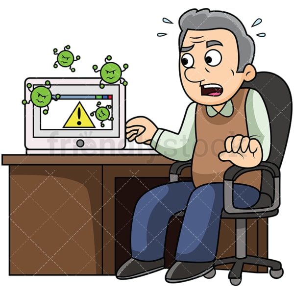 Old man with malware infected computer. PNG - JPG and vector EPS file formats (infinitely scalable). Image isolated on transparent background.