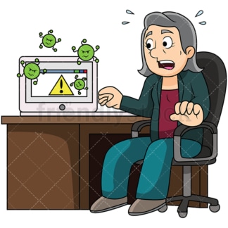 Old woman virus infected computer. PNG - JPG and vector EPS file formats (infinitely scalable). Image isolated on transparent background.