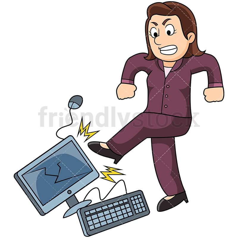 Angry Business Woman Kicking Computer Cartoon Vector