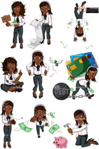 Black businesswoman in financial trouble. PNG - JPG and vector EPS (infinitely scalable). Images isolated on transparent background.