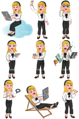Business woman using modern devices. PNG - JPG and vector EPS (infinitely scalable). Images isolated on transparent background.