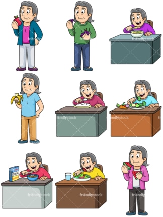Old woman enjoying healthy food. PNG - JPG and vector EPS. Images isolated on transparent background.