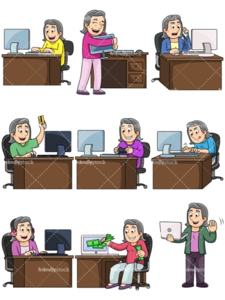Old woman using computers. PNG - JPG and vector EPS file formats (infinitely scalable). Images isolated on transparent background.