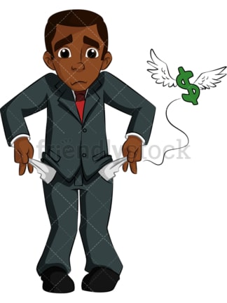 Black businessman with empty pockets. PNG - JPG and vector EPS (infinitely scalable). Image isolated on transparent background.