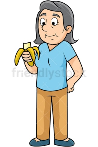 Old woman enjoying banana. PNG - JPG and vector EPS. Image isolated on transparent background.