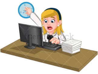 Overwhelmed businesswoman trying to stop time. PNG - JPG and vector EPS (infinitely scalable). Image isolated on transparent background.