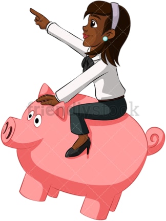 Black businesswoman on piggy bank. PNG - JPG and vector EPS (infinitely scalable). Image isolated on transparent background.