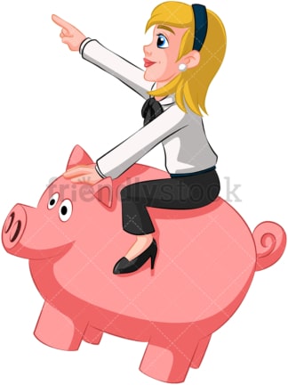 Businesswoman riding piggy bank. PNG - JPG and vector EPS (infinitely scalable). Image isolated on transparent background.