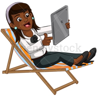 Carefree black woman using tablet. PNG - JPG and vector EPS (infinitely scalable). Image isolated on transparent background.