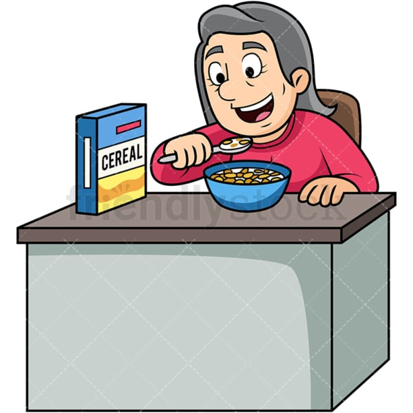 Old woman enjoying cereal breakfast. PNG - JPG and vector EPS. Image isolated on transparent background.