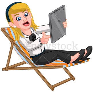 Relaxing businesswoman using tablet. PNG - JPG and vector EPS (infinitely scalable). Image isolated on transparent background.