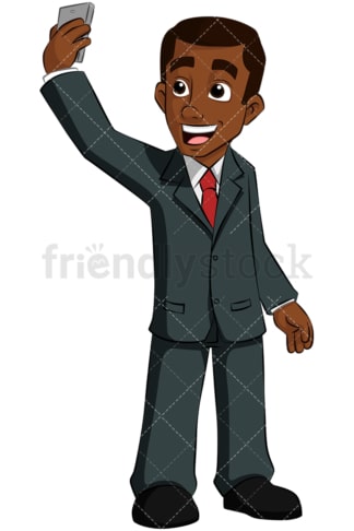 Black business man taking selfie. PNG - JPG and vector EPS (infinitely scalable). Image isolated on transparent background.
