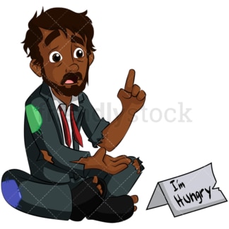 Black businessman hungry and homeless. PNG - JPG and vector EPS (infinitely scalable). Image isolated on transparent background.