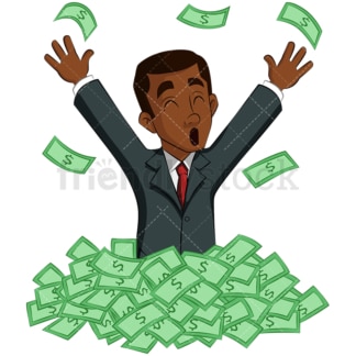 Successful black businessman in cash pile. PNG - JPG and vector EPS (infinitely scalable). Image isolated on transparent background.