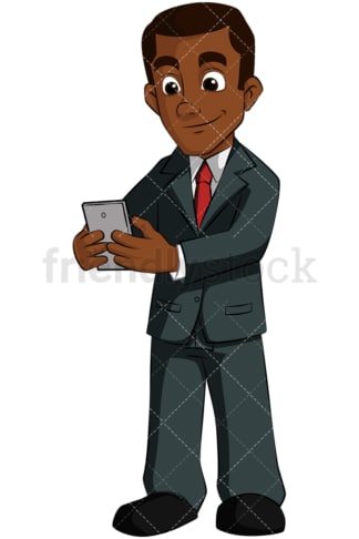 Black business man using mobile phone. PNG - JPG and vector EPS (infinitely scalable). Image isolated on transparent background.