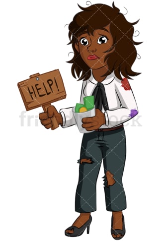 Black businesswoman begging for money. PNG - JPG and vector EPS (infinitely scalable). Image isolated on transparent background.