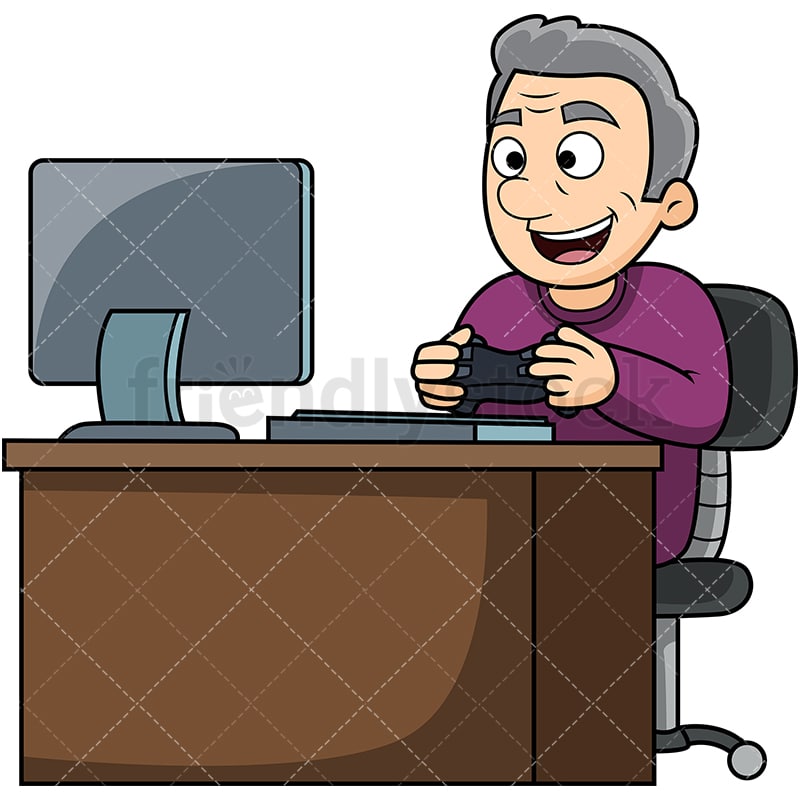 Old Man Playing Video Games Cartoon Vector Clipart