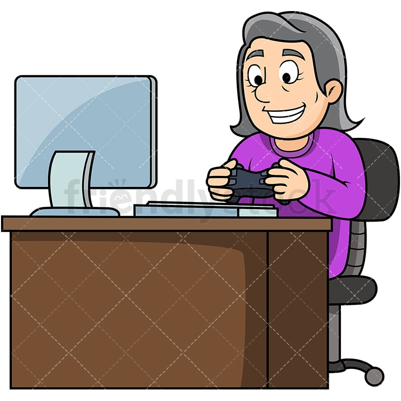 Old Woman Playing Video Games Cartoon Vector Clipart -3100