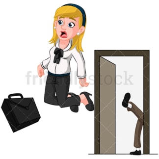 Businesswoman being kicked out. PNG - JPG and vector EPS (infinitely scalable). Image isolated on transparent background.