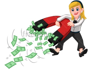 Businesswoman holding money magnet. PNG - JPG and vector EPS (infinitely scalable). Image isolated on transparent background.