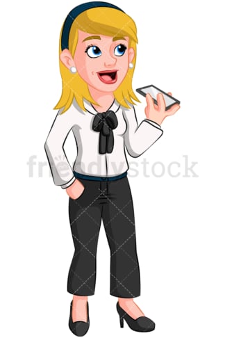 Businesswoman making a call on speaker. PNG - JPG and vector EPS (infinitely scalable). Image isolated on transparent background.