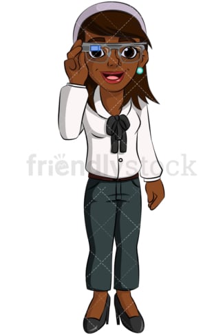 Black woman wearing smart glasses. PNG - JPG and vector EPS (infinitely scalable). Image isolated on transparent background.