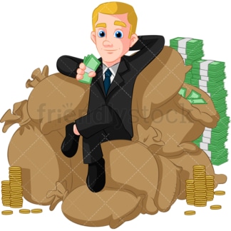 Rich businessman on pile of money. PNG - JPG and vector EPS (infinitely scalable). Image isolated on transparent background.