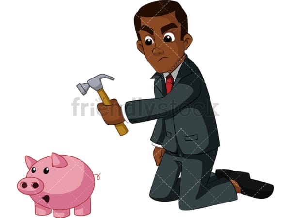 Black businessman tapping into savings. PNG - JPG and vector EPS (infinitely scalable). Image isolated on transparent background.