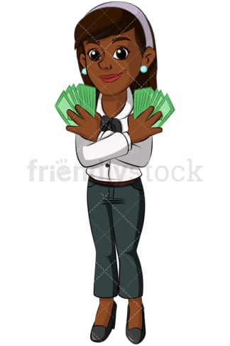 Black businesswoman holding cash. PNG - JPG and vector EPS (infinitely scalable). Image isolated on transparent background.