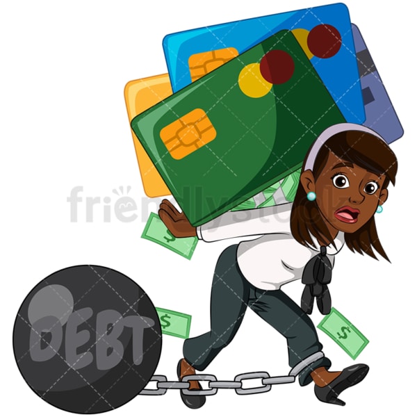 Black businesswoman carrying debt. PNG - JPG and vector EPS (infinitely scalable). Image isolated on transparent background.