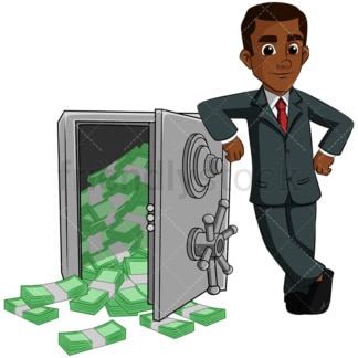 Black man leaning on safe full of money. PNG - JPG and vector EPS (infinitely scalable). Image isolated on transparent background.