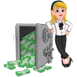 Businesswoman safe vault full of cash. PNG - JPG and vector EPS (infinitely scalable). Image isolated on transparent background.
