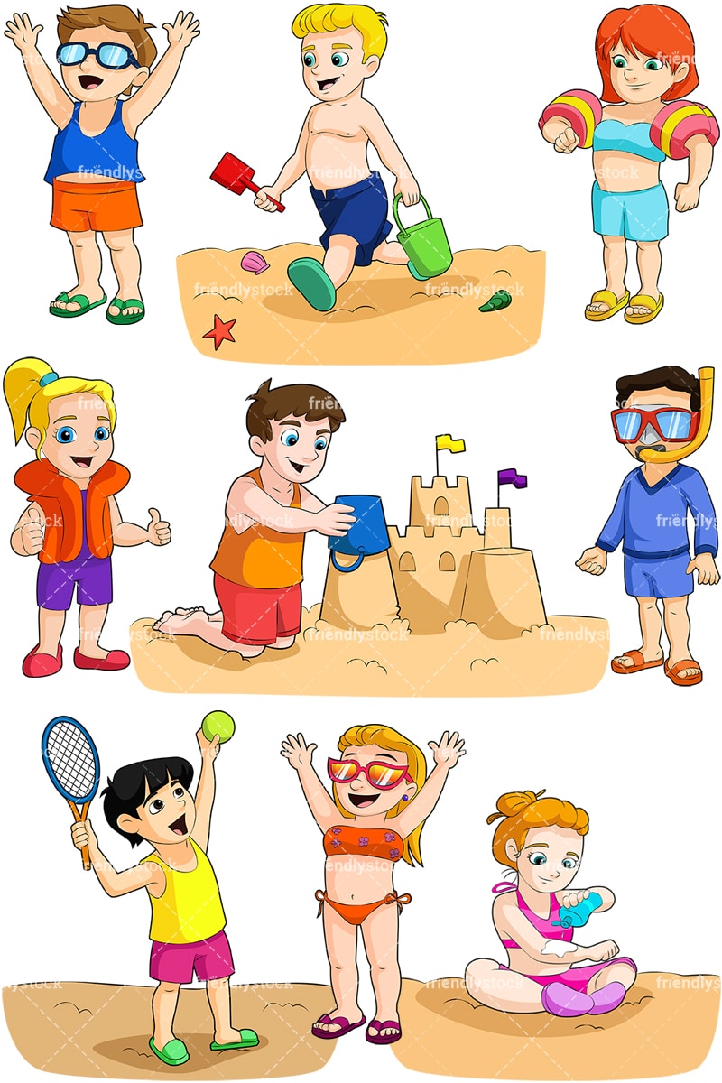 Kids  At The Beach  Cartoon  Vector Clipart FriendlyStock