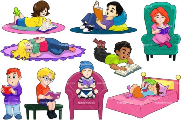 Kids reading books. PNG - JPG and vector EPS file formats (infinitely scalable). Image isolated on transparent background.