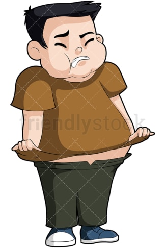 Overweight boy trying to fit in shirt. PNG - JPG and vector EPS file formats (infinitely scalable). Image isolated on transparent background.