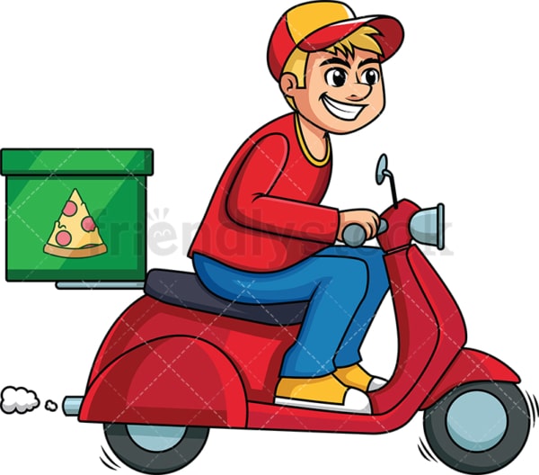 Pizza delivery guy driving scooter. PNG - JPG and vector EPS (infinitely scalable). Image isolated on transparent background.