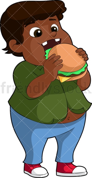 Overweight black boy eating hamburger. PNG - JPG and vector EPS file formats (infinitely scalable). Image isolated on transparent background.