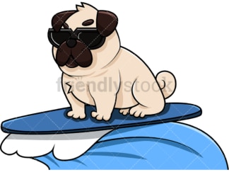 Cool pug dog surfing. PNG - JPG and vector EPS (infinitely scalable). Image isolated on transparent background.
